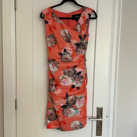 CONFETTI FLOWER ASYMMETRICAL RUCHED DRESS - Picture 2 of 7